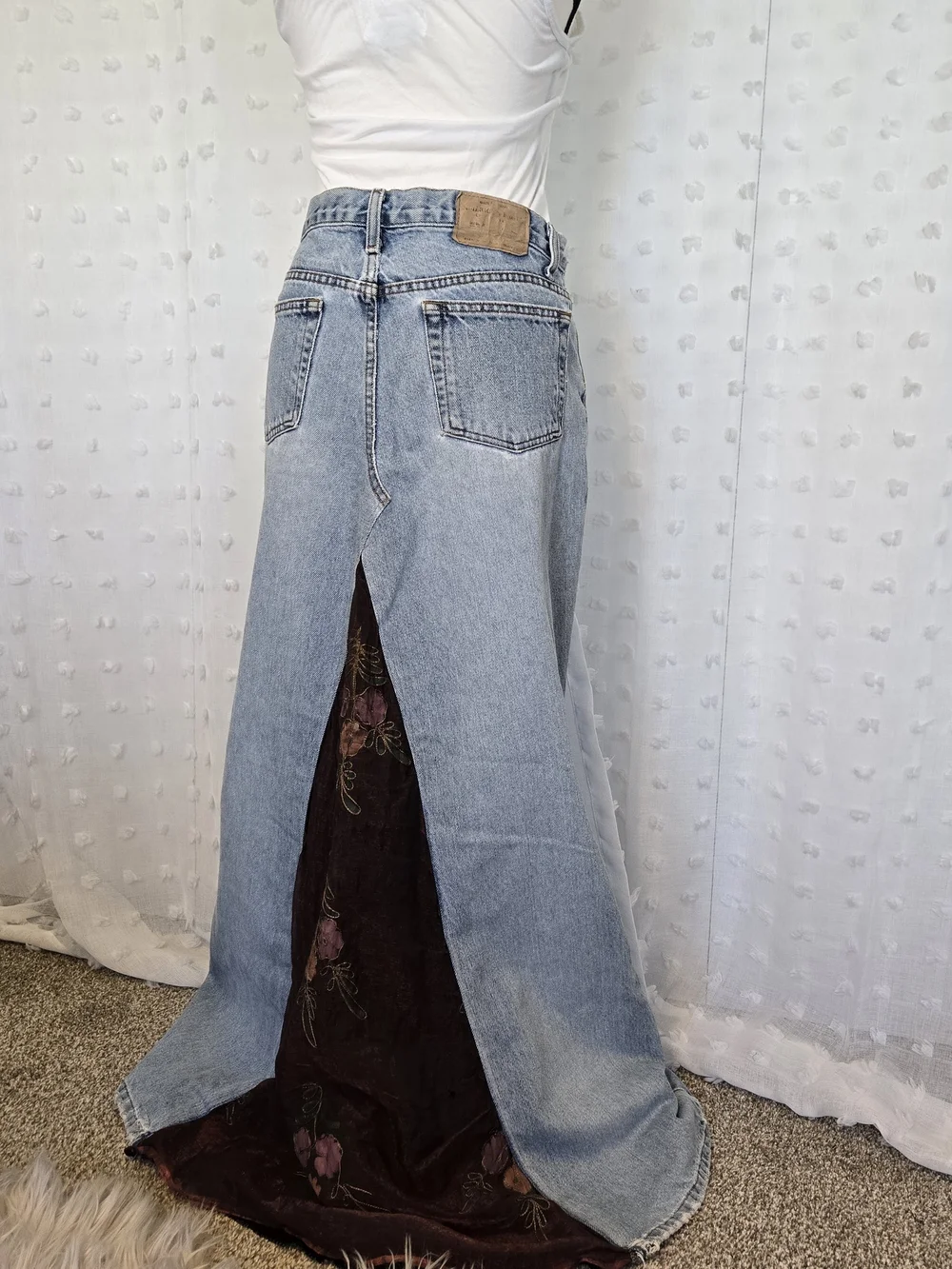 Vintage 90s American Eagle Light Wash Denim Maxi Skirt with Floral Panel - Picture 5 of 8